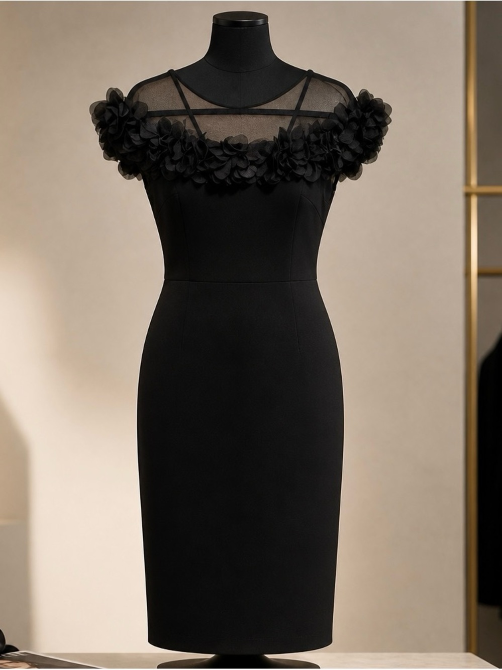 Elegant Black Sheath Dress with Floral Mesh Yoke XL Stunning New